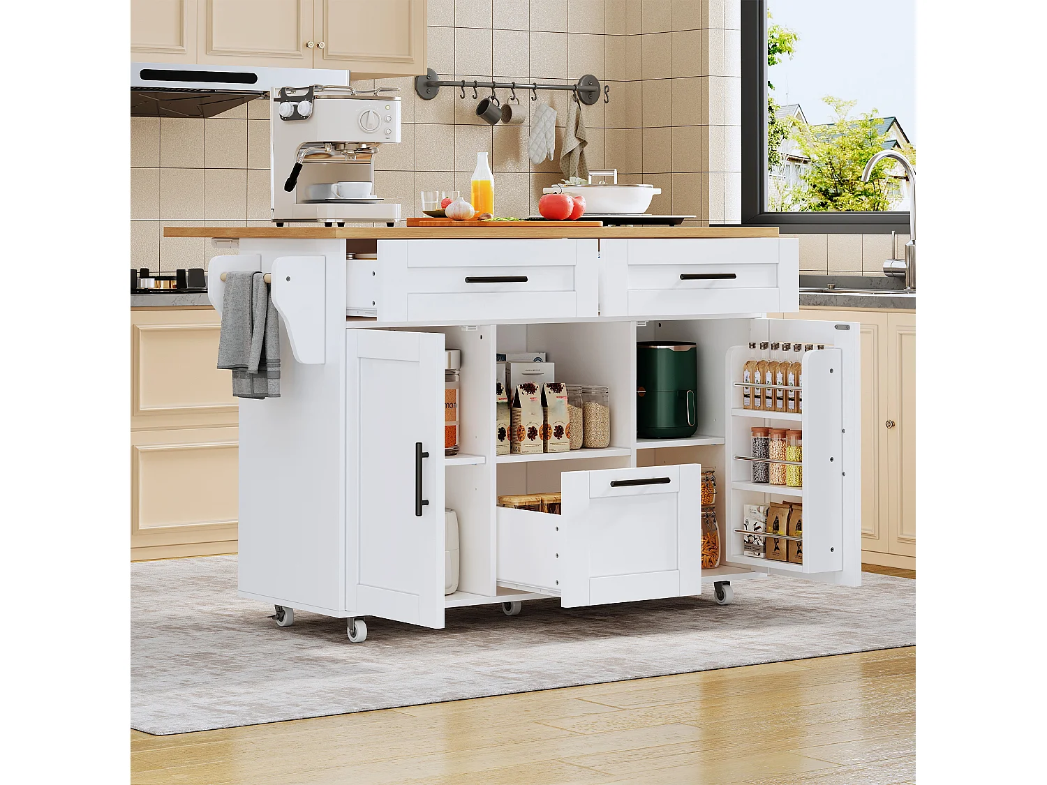 Keukeneiland op wielen met 3 lades en 2 deuren - Hout en witte kleur