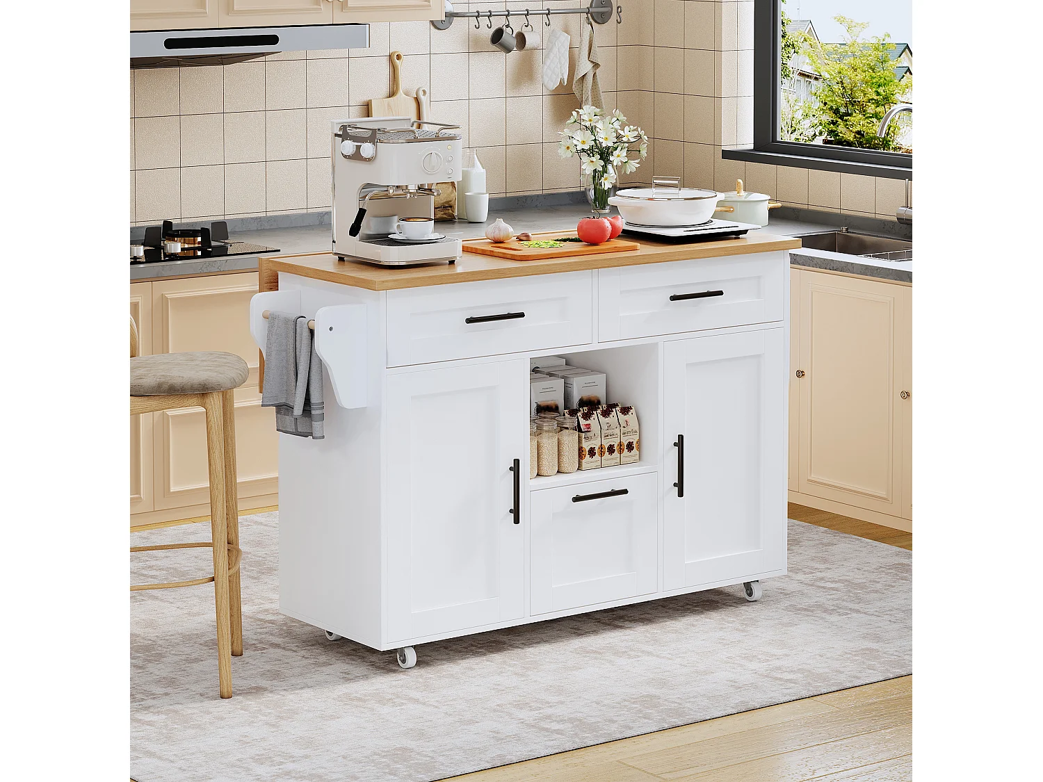 Keukeneiland op wielen met 3 lades en 2 deuren - Hout en witte kleur