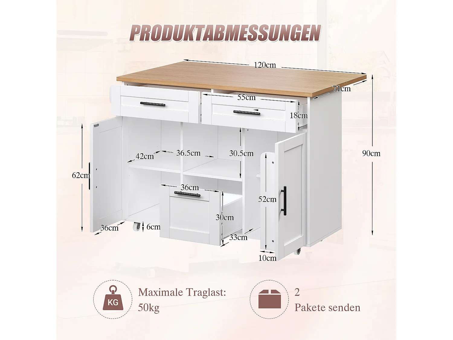 Keukeneiland op wielen met 3 lades en 2 deuren - Hout en witte kleur