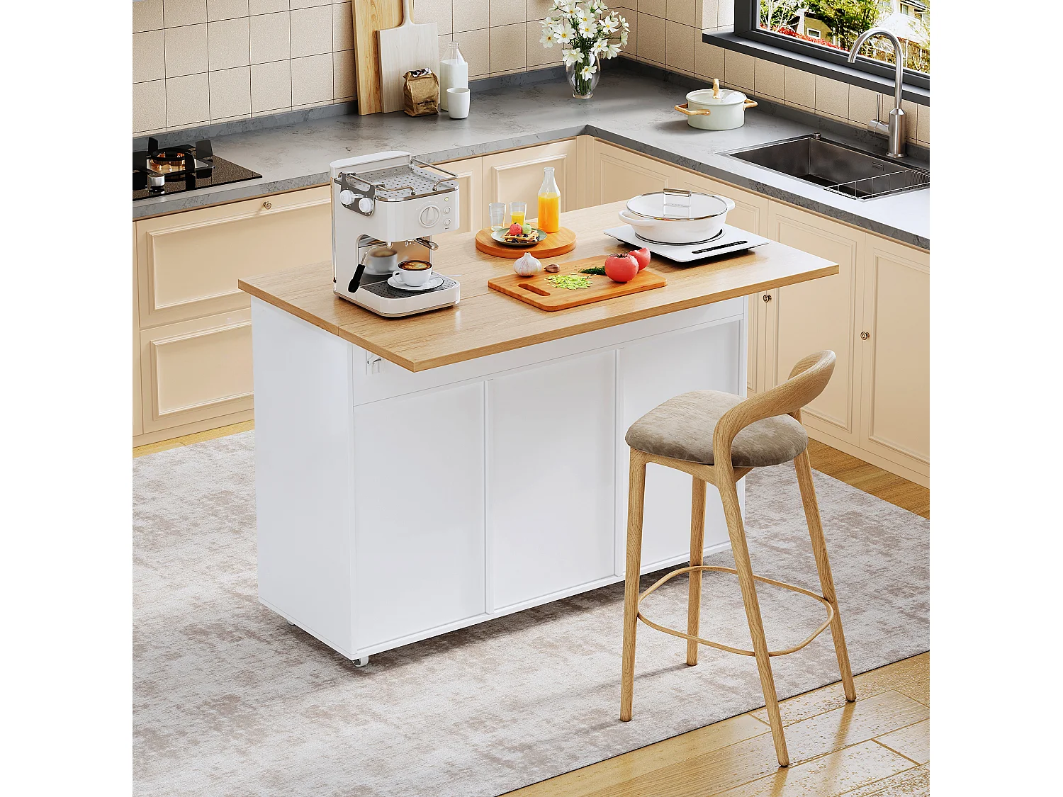 Keukeneiland op wielen met 3 lades en 2 deuren - Hout en witte kleur