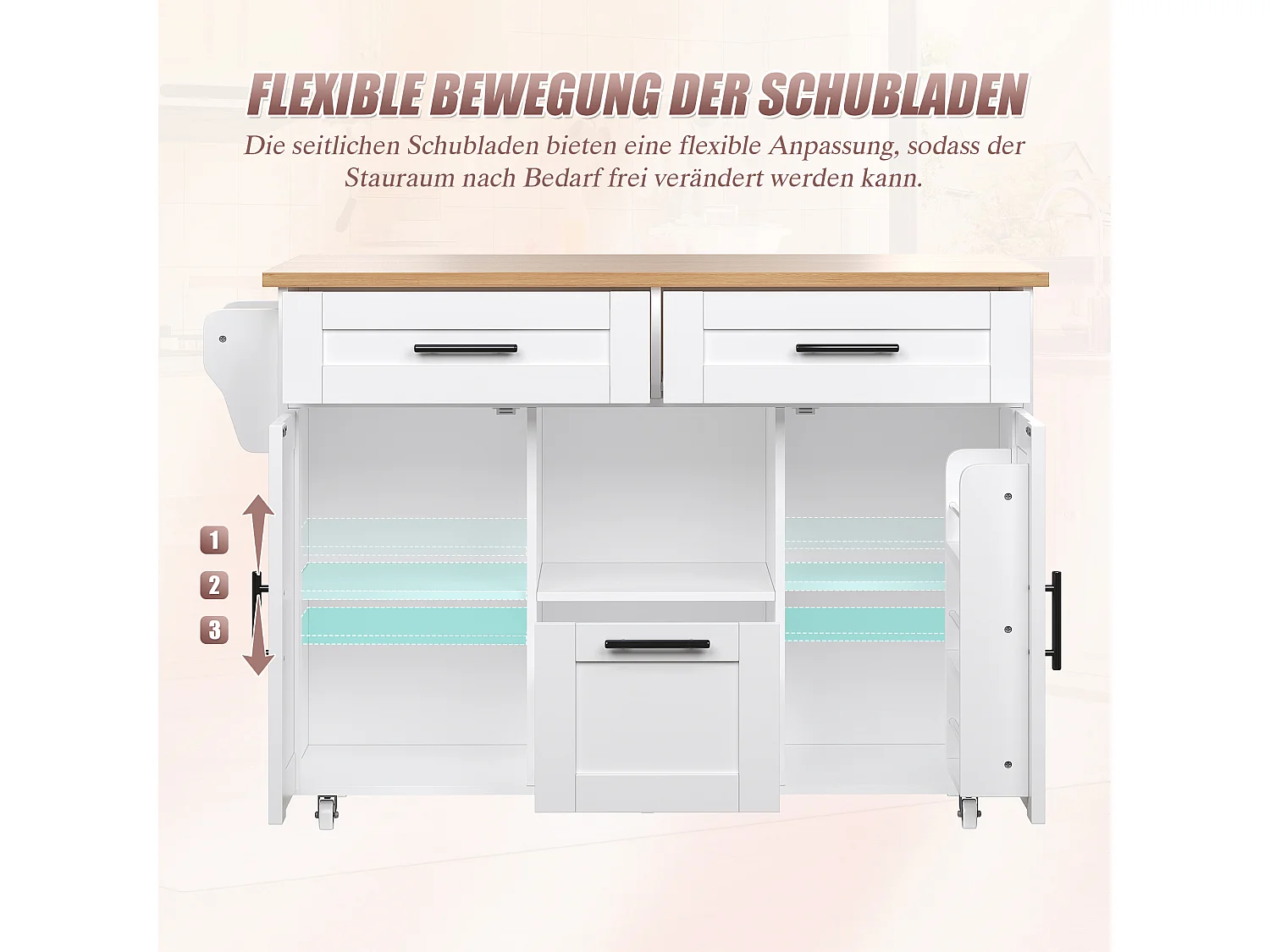 Keukeneiland op wielen met 3 lades en 2 deuren - Hout en witte kleur