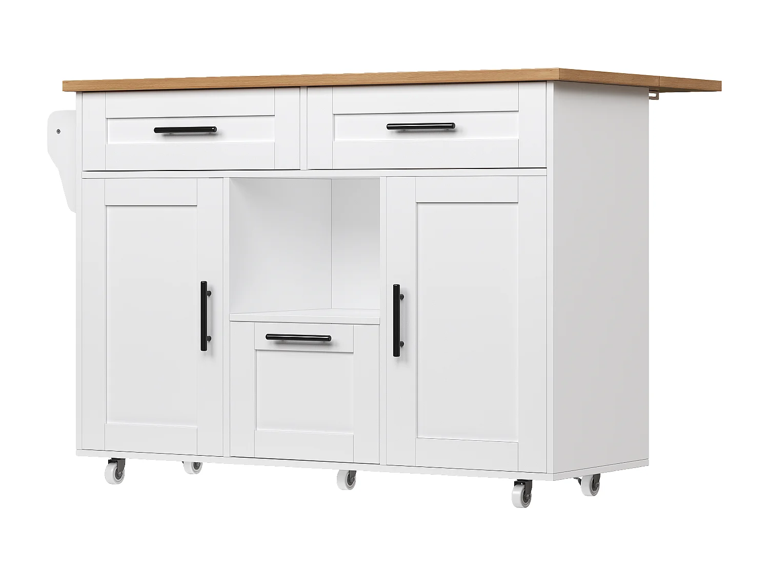 Keukeneiland op wielen met 3 lades en 2 deuren - Hout en witte kleur