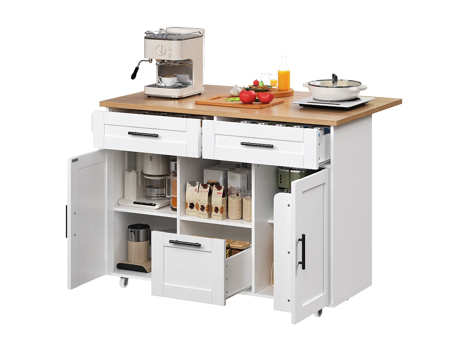 Keukeneiland op wielen met 3 lades en 2 deuren - Hout en witte kleur
