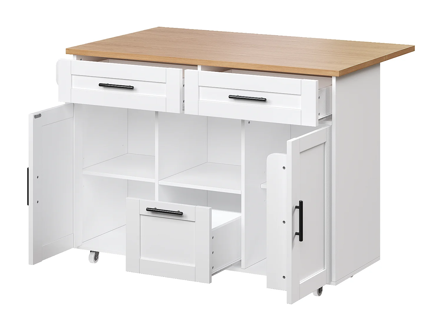 Keukeneiland op wielen met 3 lades en 2 deuren - Hout en witte kleur