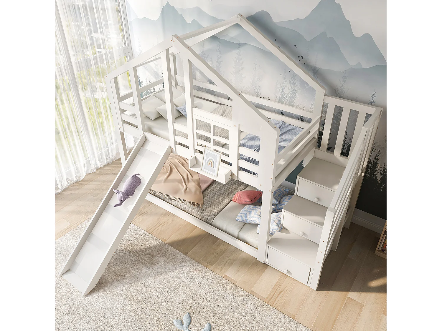 Lit superposé enfant 90x200 cm blanc avec toboggan et rangements - Lit cabane en bois
