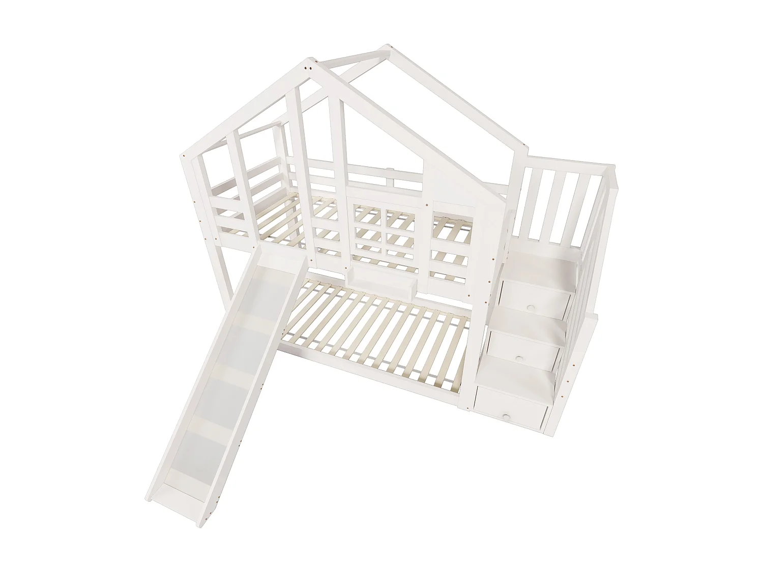 Lit superposé enfant 90x200 cm blanc avec toboggan et rangements - Lit cabane en bois