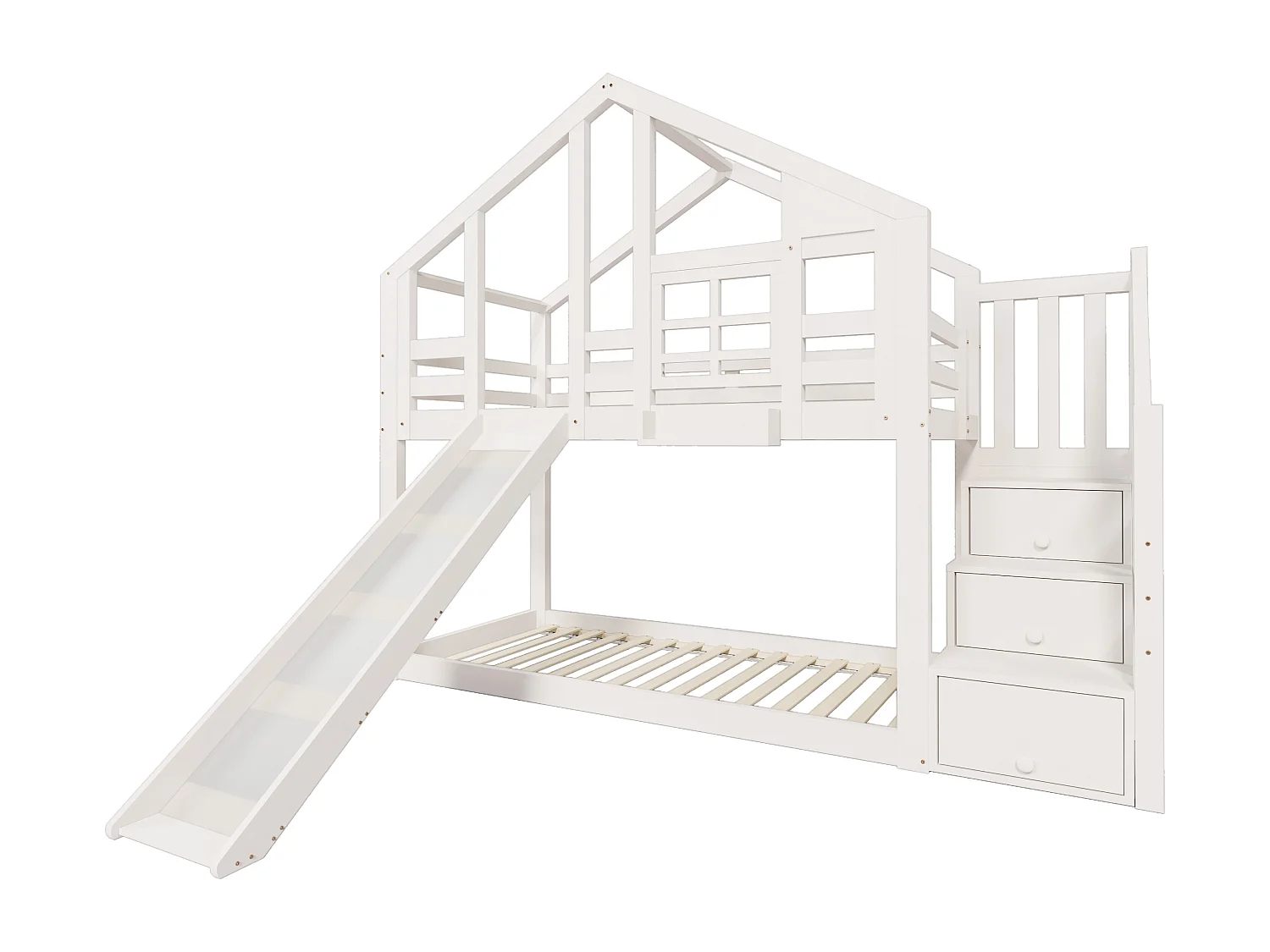 Lit superposé enfant 90x200 cm blanc avec toboggan et rangements - Lit cabane en bois