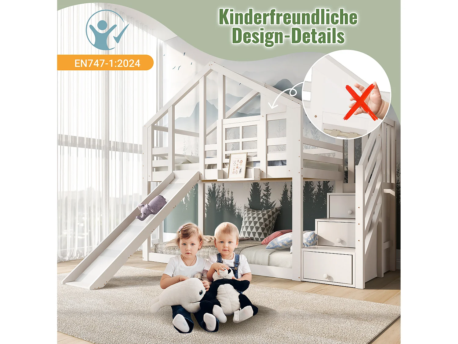 Lit superposé enfant 90x200 cm blanc avec toboggan et rangements - Lit cabane en bois