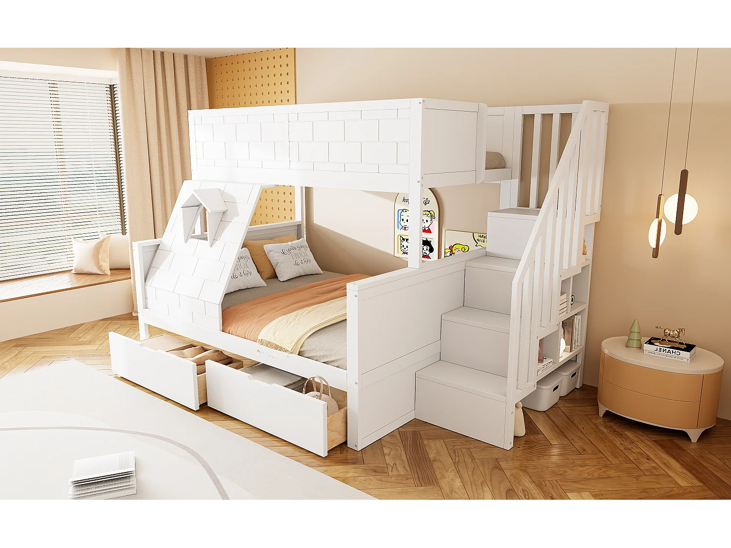 Beliche de 90 x 200 cm e 140 x 200 cm com 2 gavetas - Madeira de pinho e MDF branco