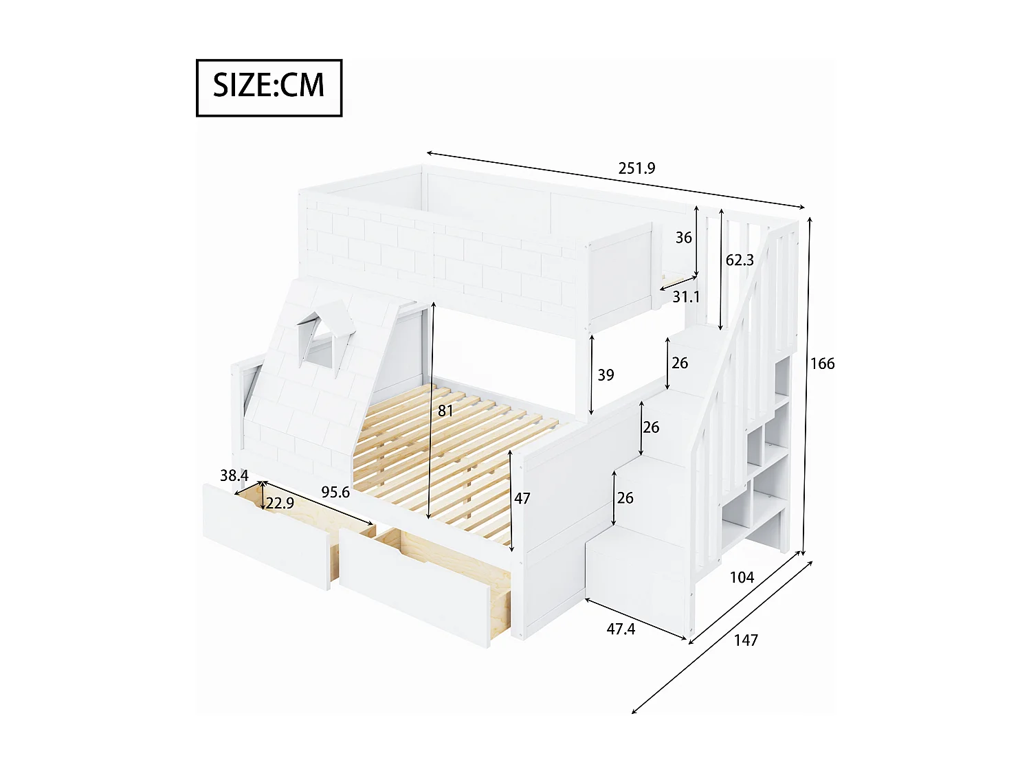 Beliche de 90 x 200 cm e 140 x 200 cm com 2 gavetas - Madeira de pinho e MDF branco
