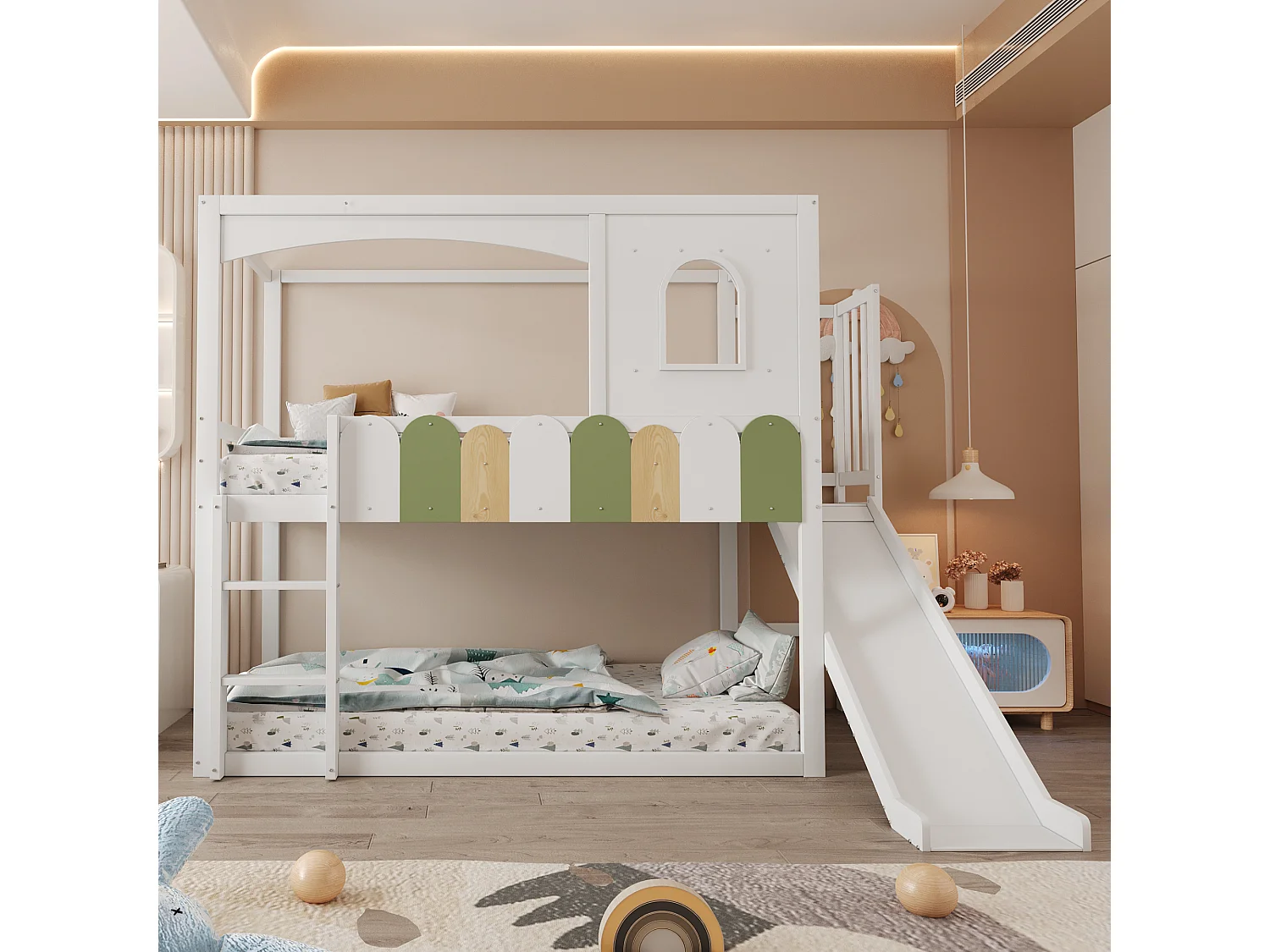 Lit superposé enfant 90x200 cm avec toboggan - Lit cabane bois blanc