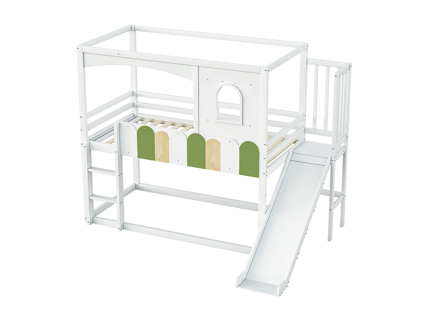 Lit superposé enfant 90x200 cm avec toboggan - Lit cabane bois blanc