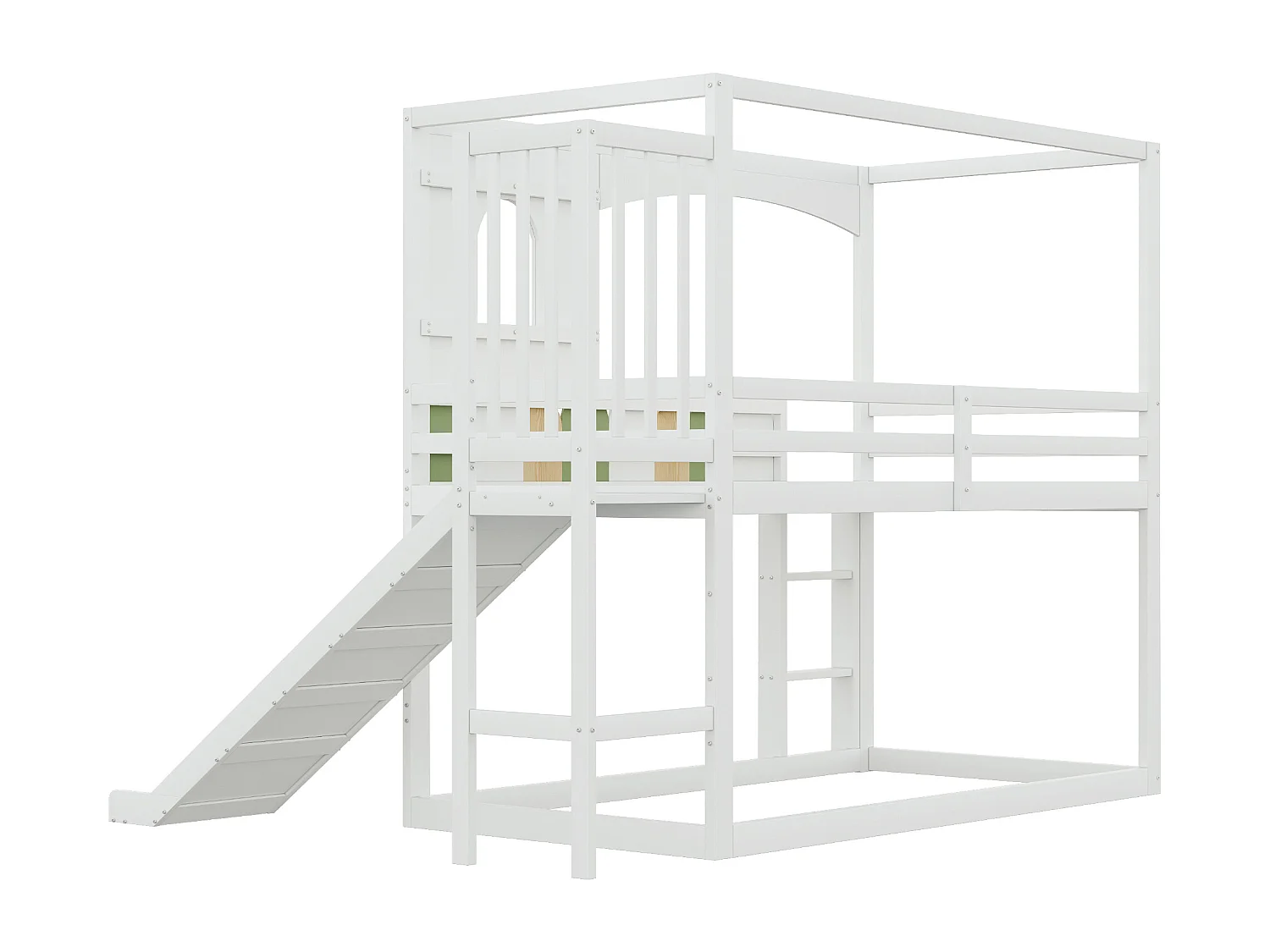 Lit superposé enfant 90x200 cm avec toboggan - Lit cabane bois blanc