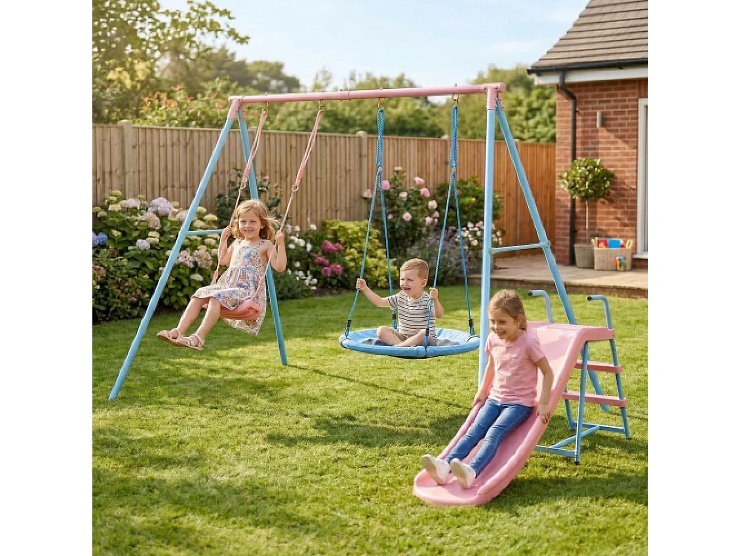 Portique balançoire en métal enfant 2 en 1 - 2 Balançoire + toboggan - Rose et bleu clair