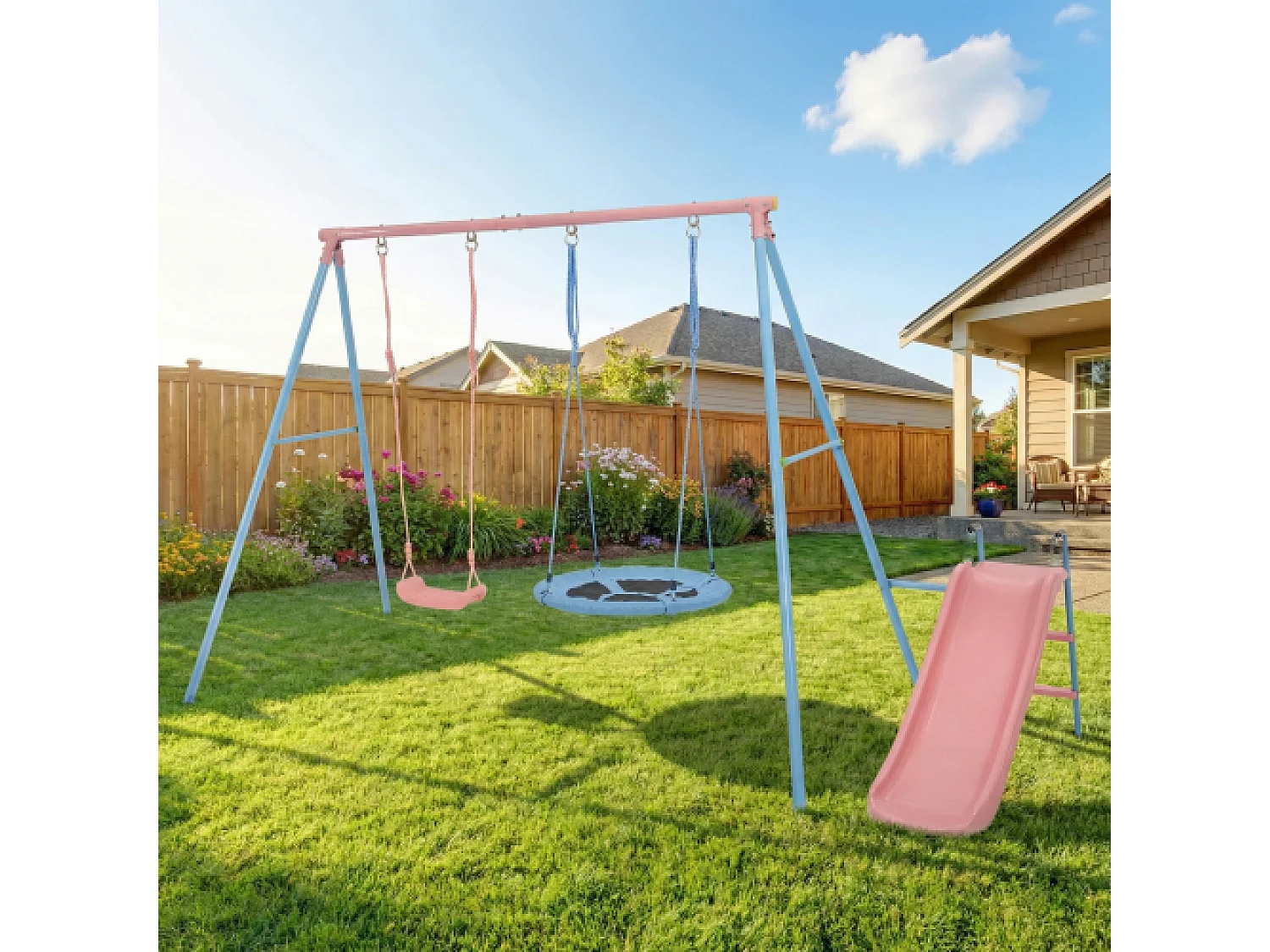 Portique balançoire en métal enfant 2 en 1 - 2 Balançoire + toboggan - Rose et bleu clair