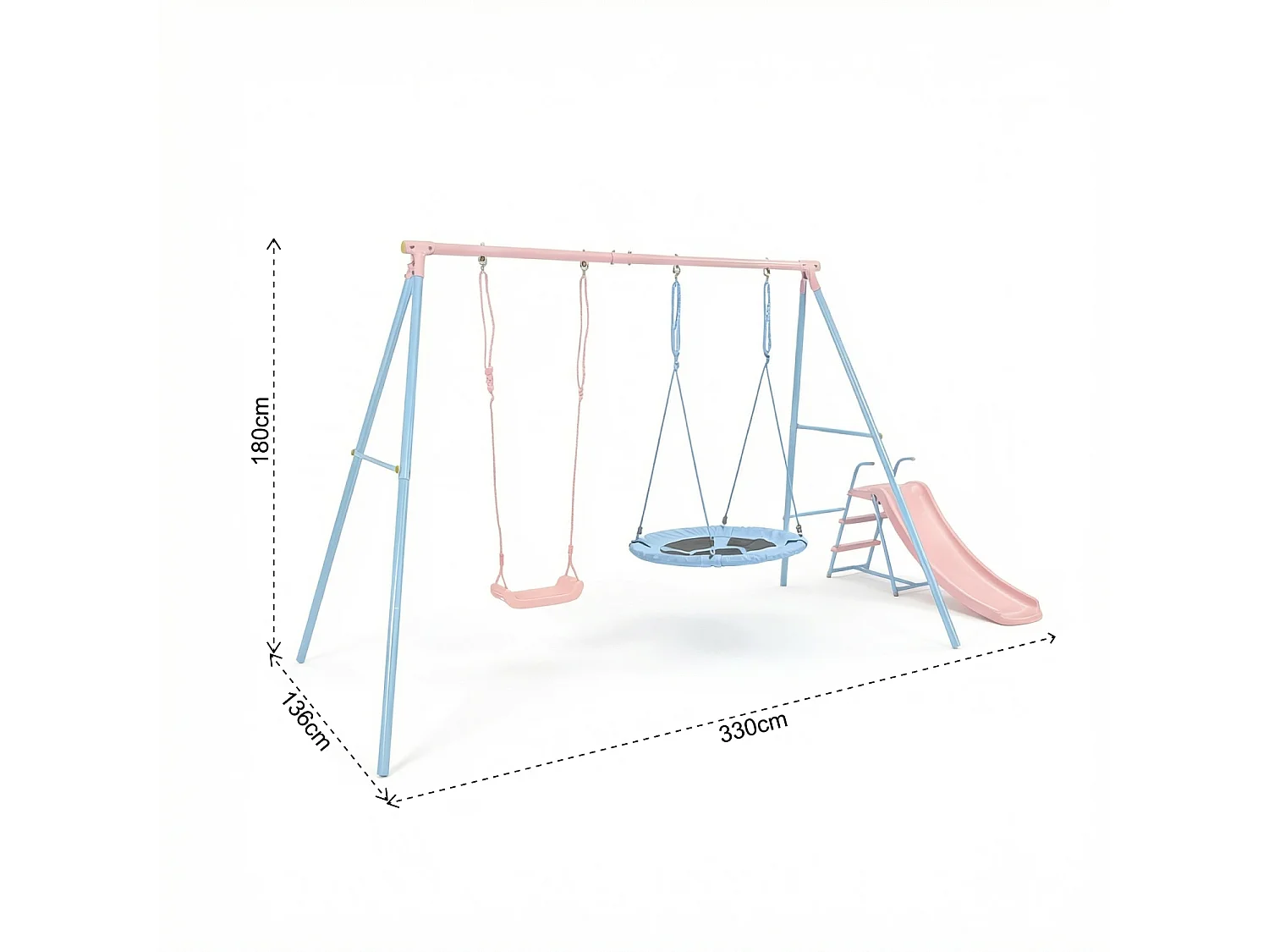 Portique balançoire en métal enfant 2 en 1 - 2 Balançoire + toboggan - Rose et bleu clair