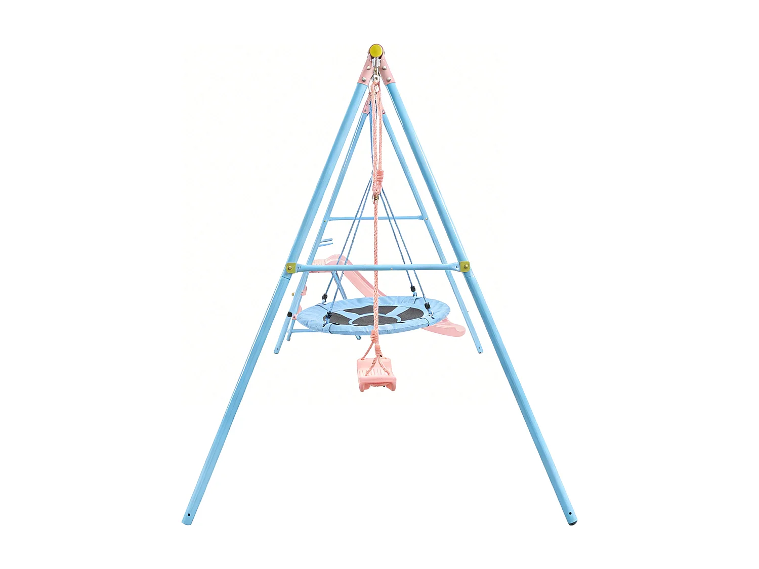 Portique balançoire en métal enfant 2 en 1 - 2 Balançoire + toboggan - Rose et bleu clair