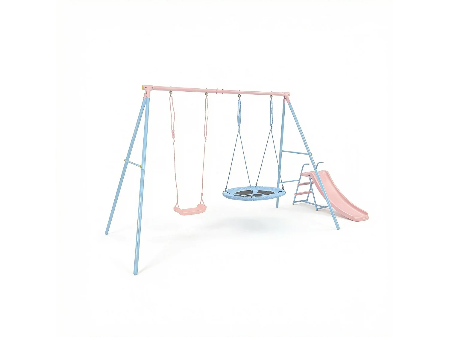 Portique balançoire en métal enfant 2 en 1 - 2 Balançoire + toboggan - Rose et bleu clair