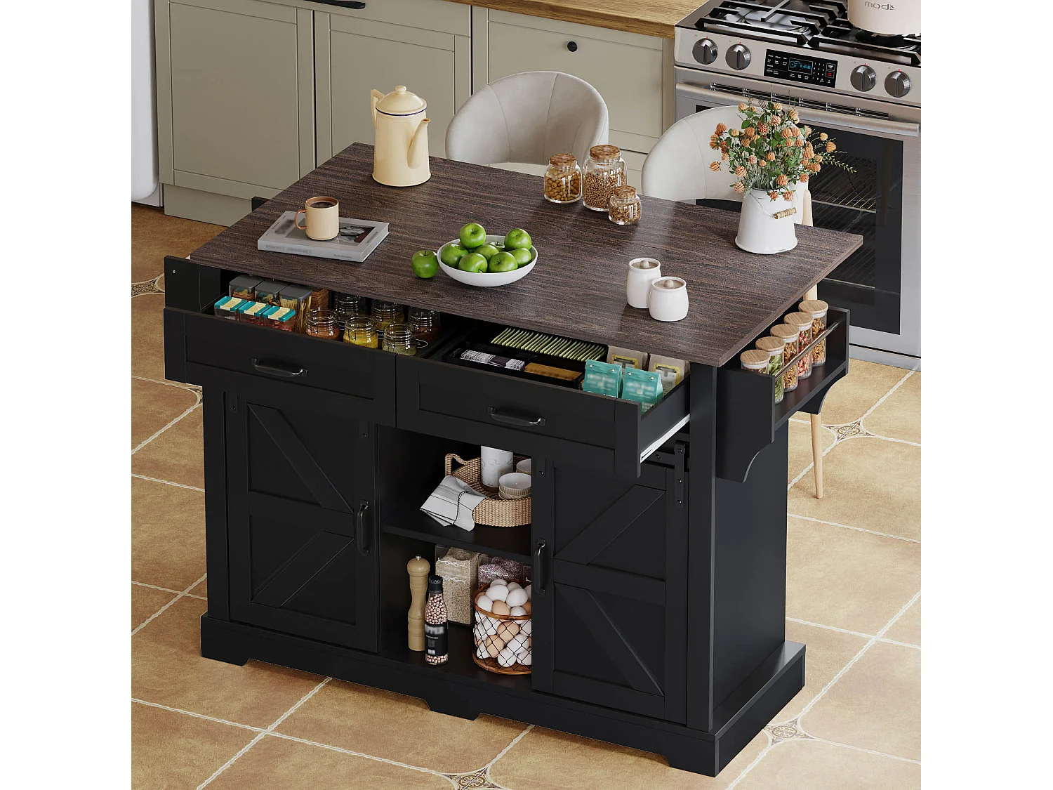 Îlot central sur roulettes 120 × 45 (70) cm noir avec 2 portes coulissantes et 2 tiroirs