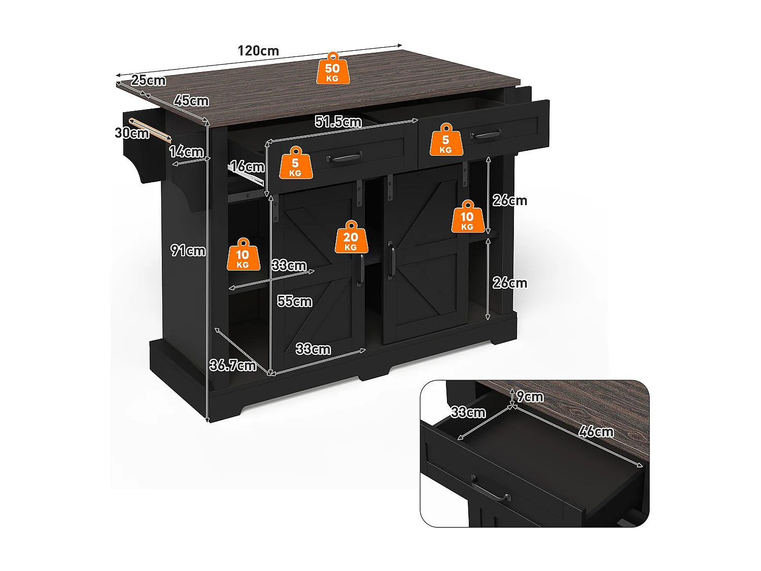 Îlot central sur roulettes 120 × 45 (70) cm noir avec 2 portes coulissantes et 2 tiroirs