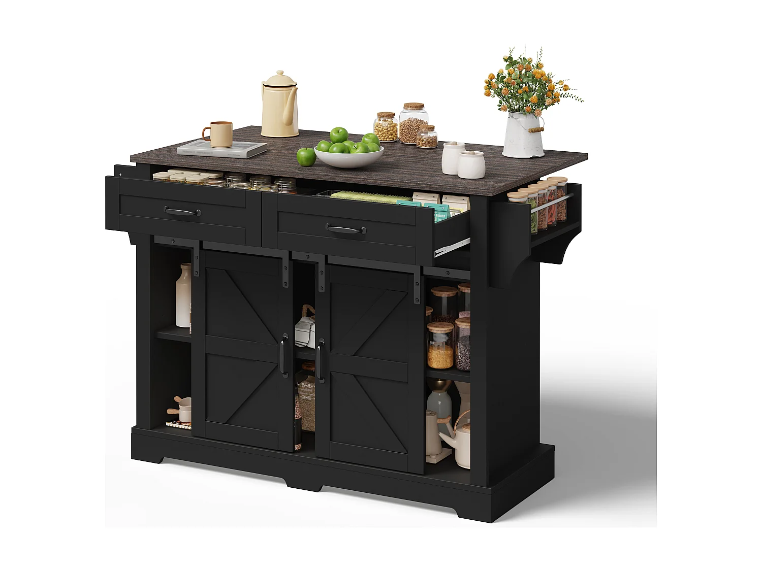 Îlot central sur roulettes 120 × 45 (70) cm noir avec 2 portes coulissantes et 2 tiroirs