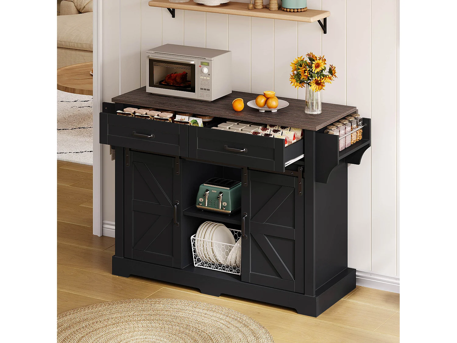 Îlot central sur roulettes 120 × 45 (70) cm noir avec 2 portes coulissantes et 2 tiroirs