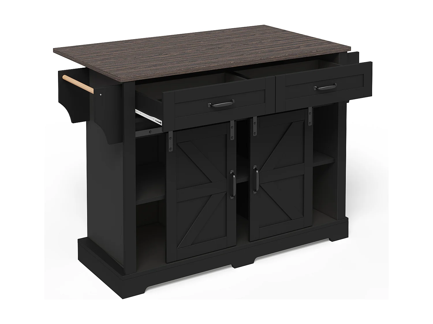 Îlot central sur roulettes 120 × 45 (70) cm noir avec 2 portes coulissantes et 2 tiroirs