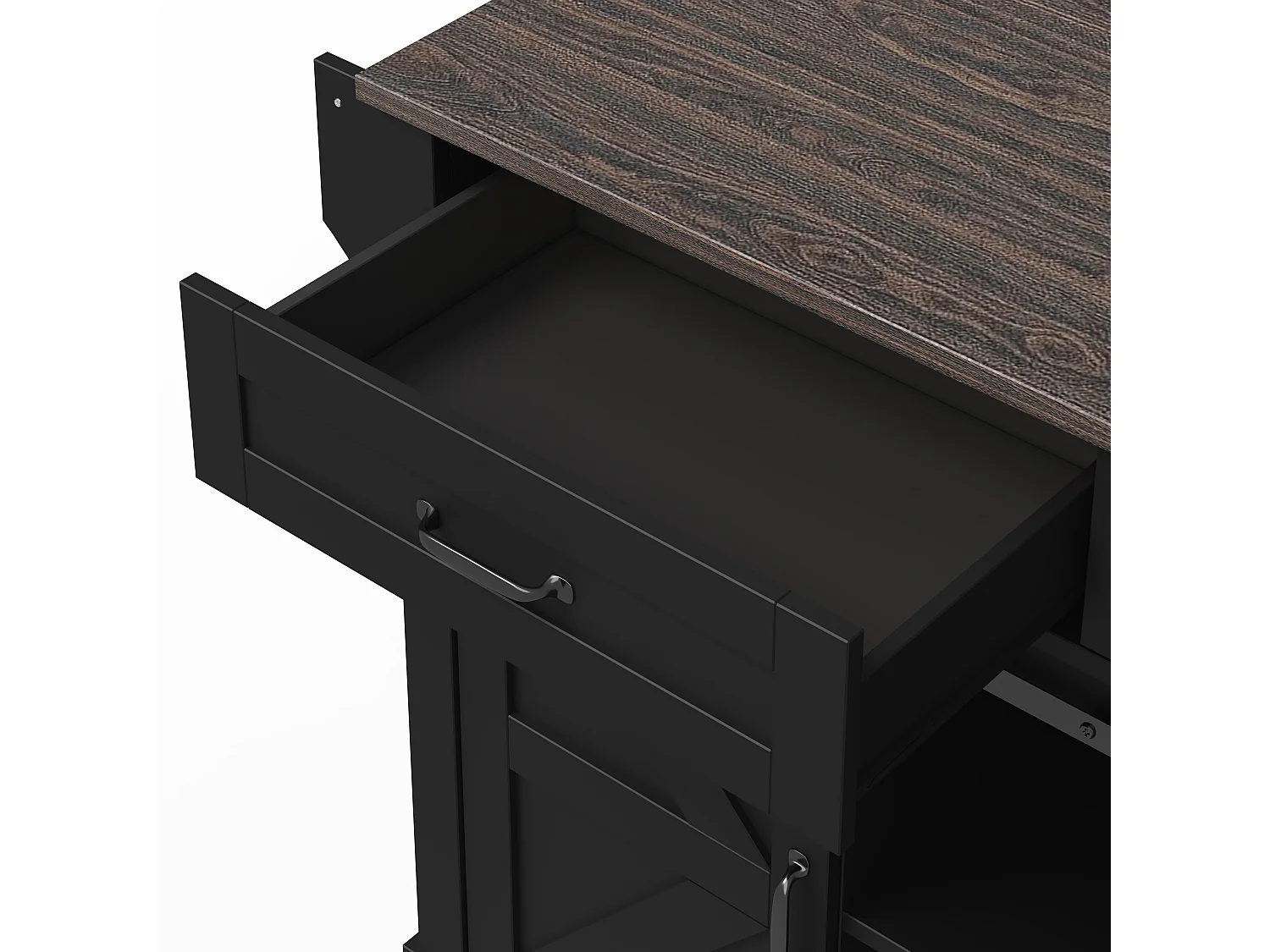 Îlot central sur roulettes 120 × 45 (70) cm noir avec 2 portes coulissantes et 2 tiroirs