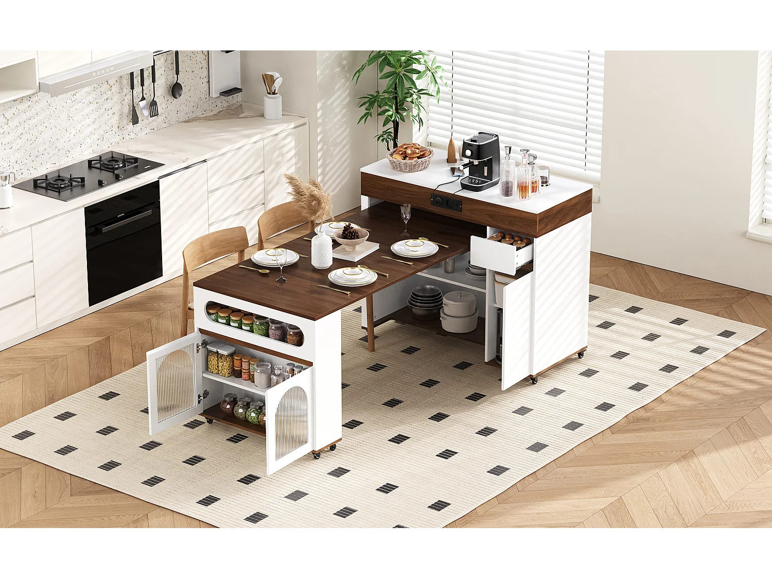 Keukentrolley met stopcontacten, lade en glazen deuren - Wit en walnoot