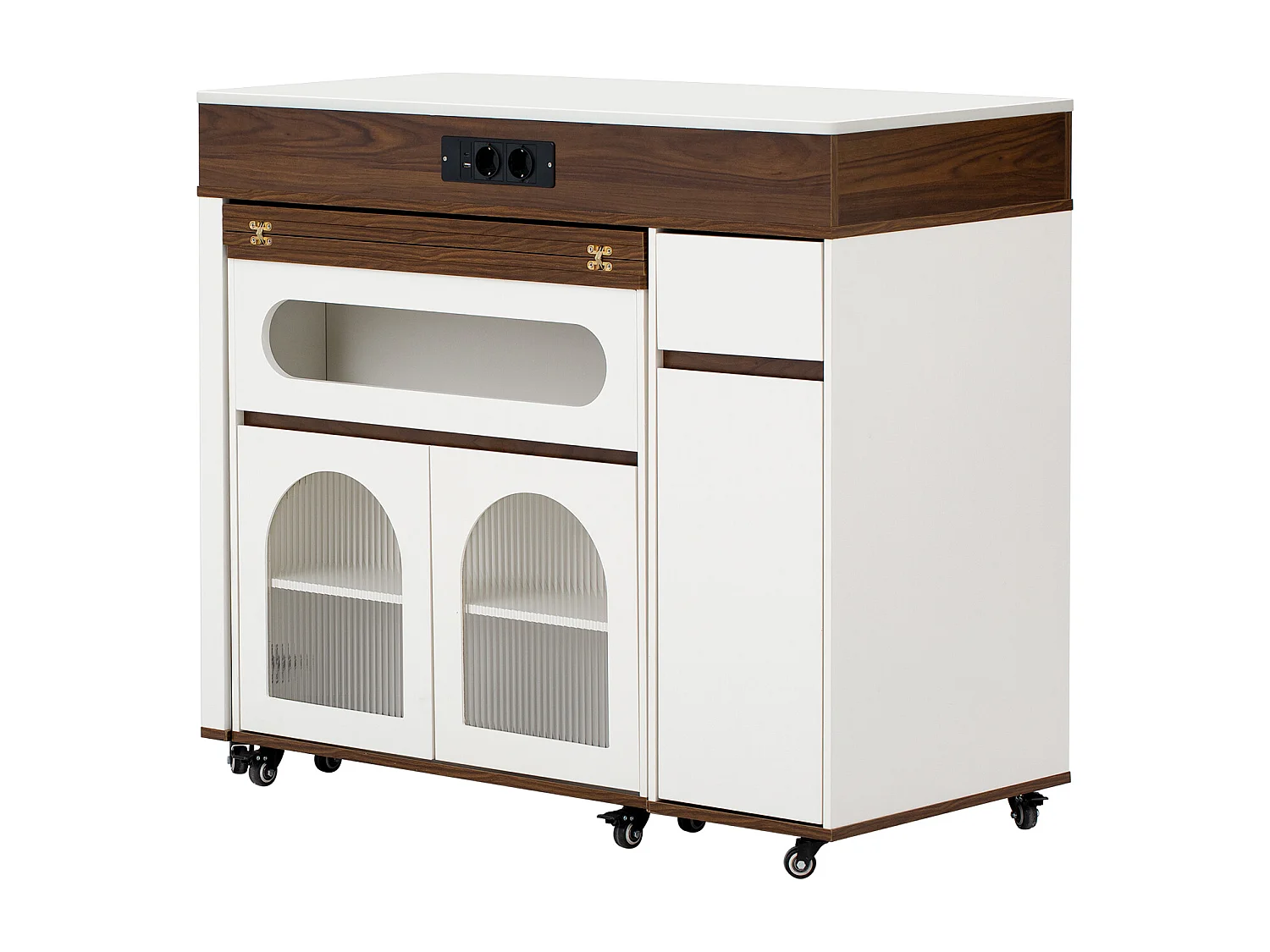Keukentrolley met stopcontacten, lade en glazen deuren - Wit en walnoot