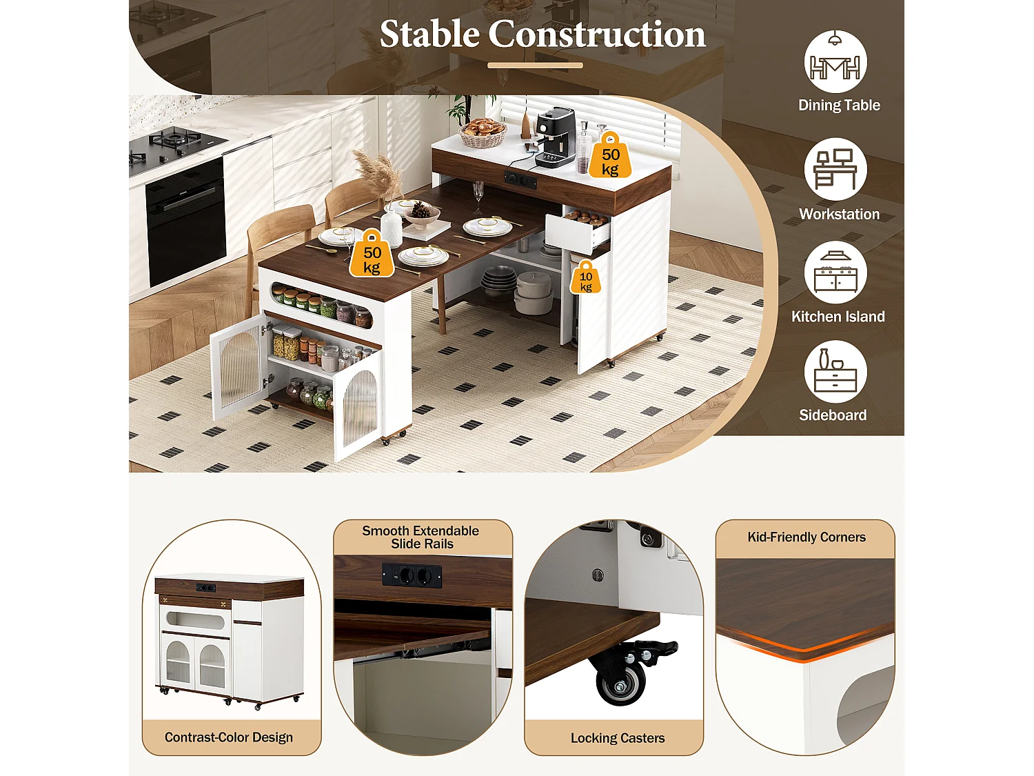 Keukentrolley met stopcontacten, lade en glazen deuren - Wit en walnoot