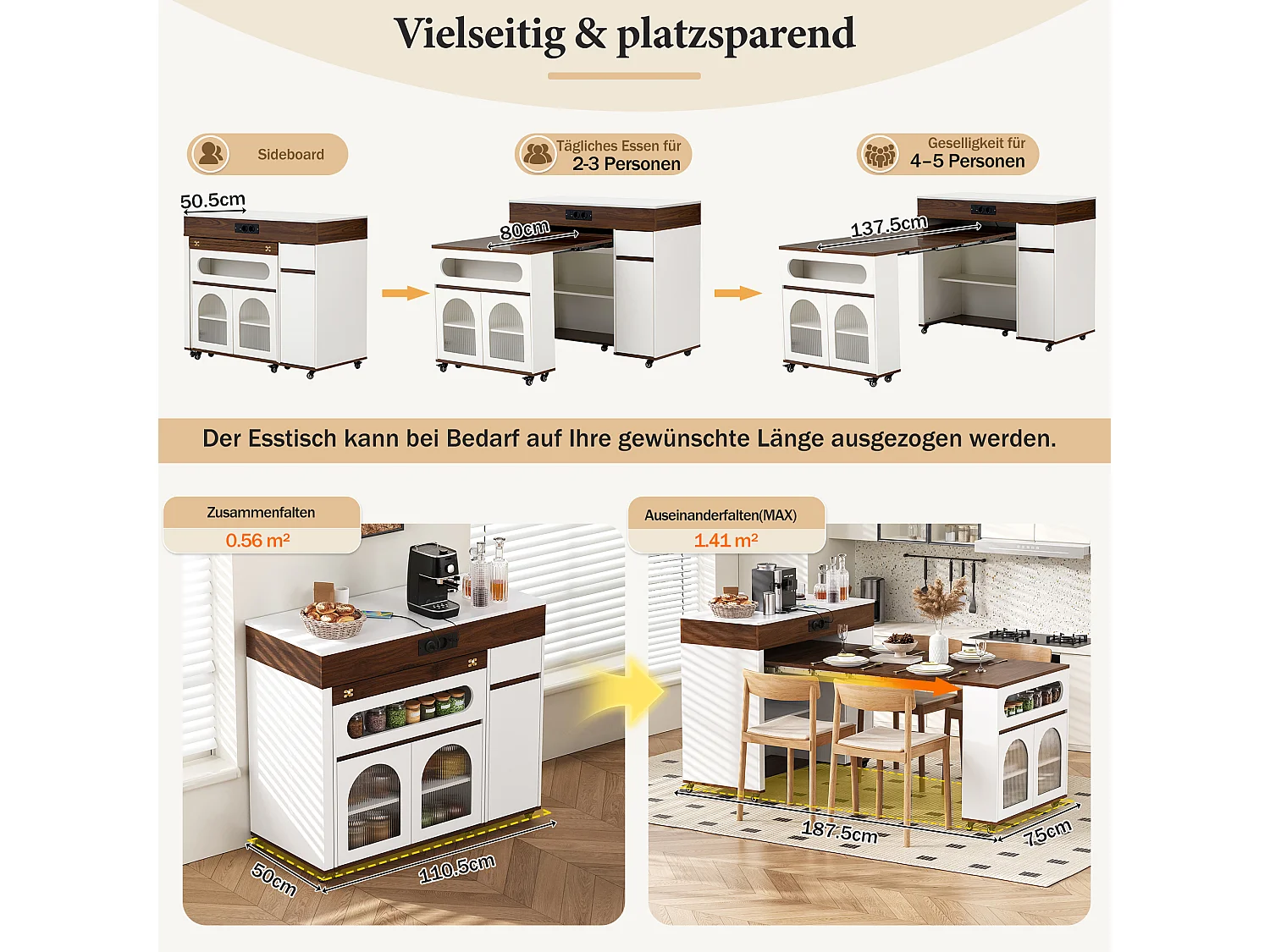 Keukentrolley met stopcontacten, lade en glazen deuren - Wit en walnoot