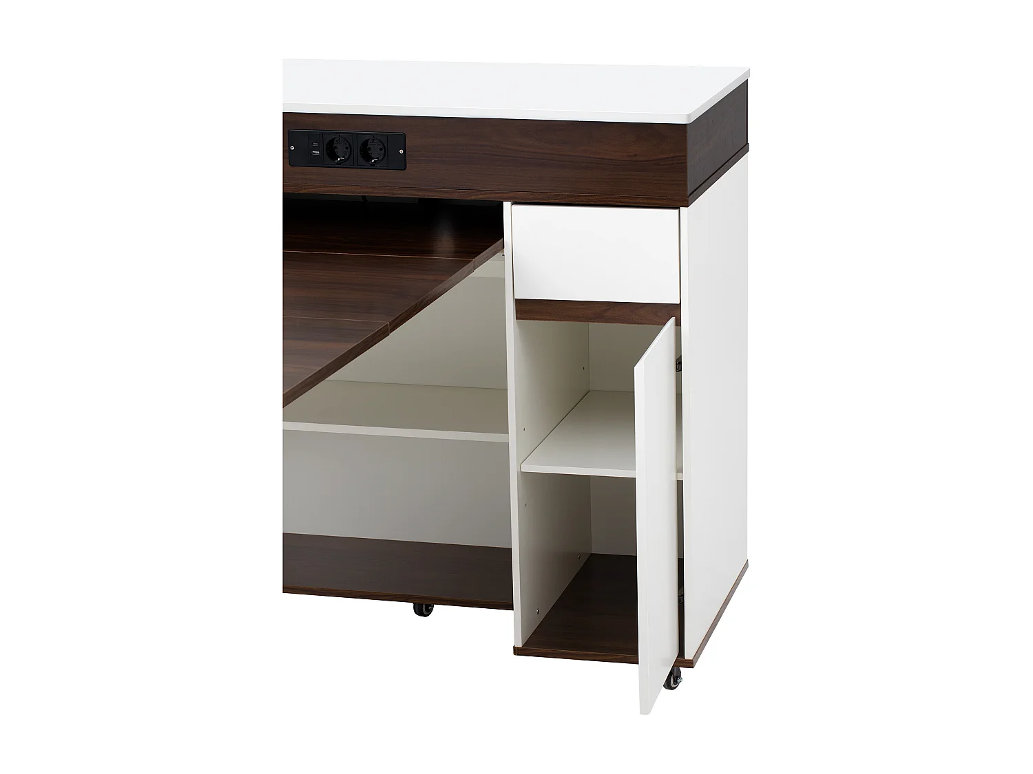 Keukentrolley met stopcontacten, lade en glazen deuren - Wit en walnoot
