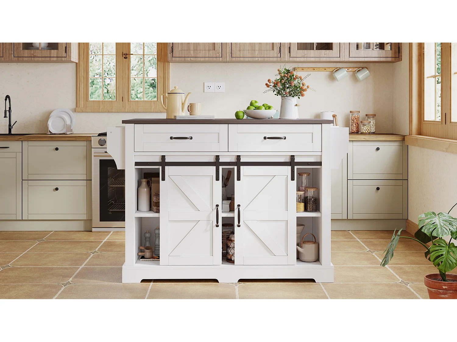 Îlot central sur roulettes 120 × 45 (70) cm blanc avec 2 portes coulissantes et 2 tiroirs