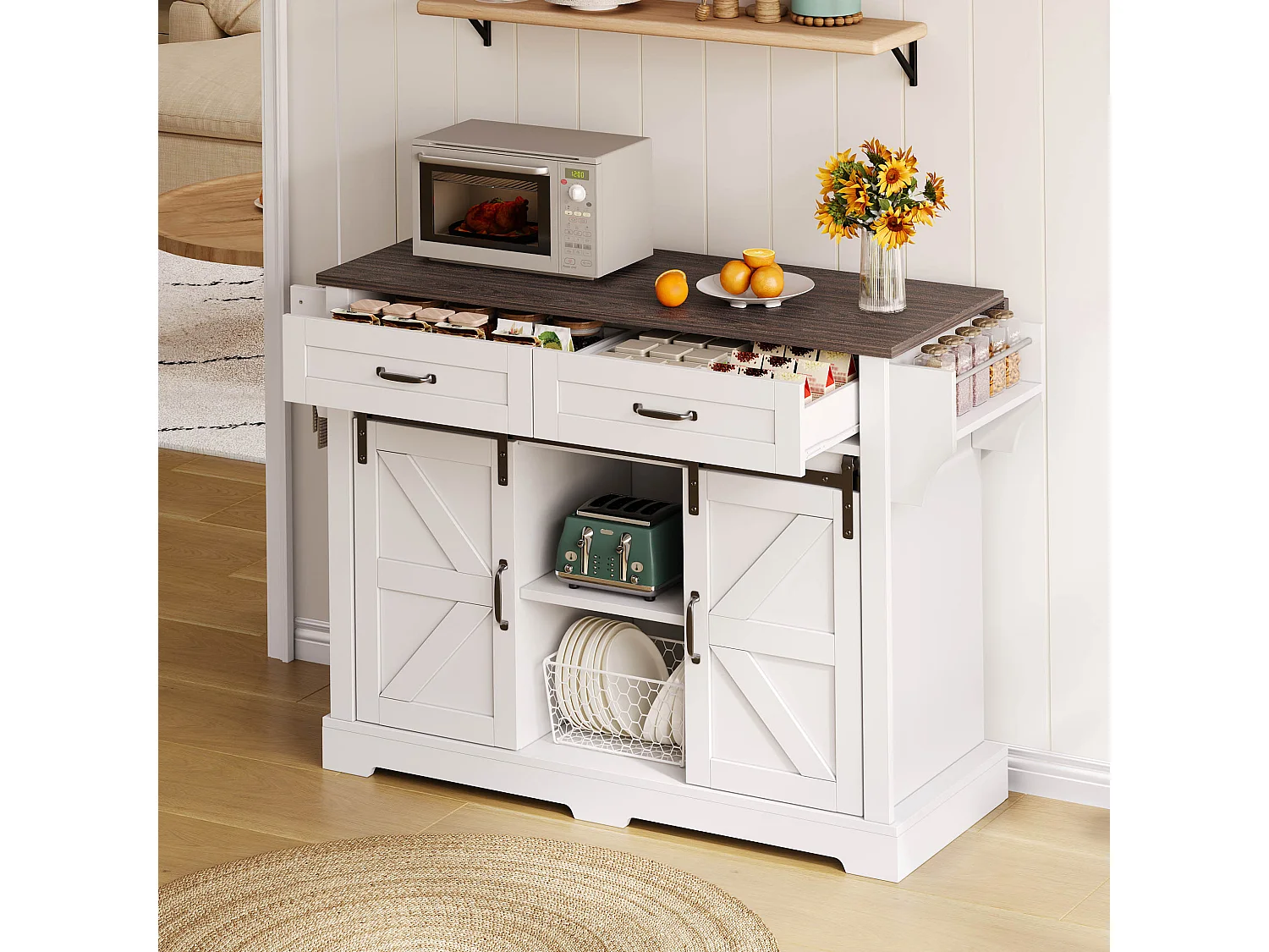 Îlot central sur roulettes 120 × 45 (70) cm blanc avec 2 portes coulissantes et 2 tiroirs