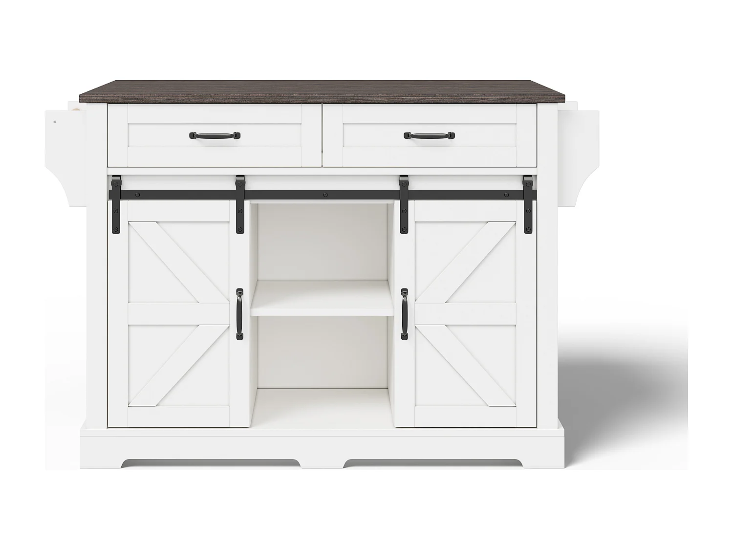 Îlot central sur roulettes 120 × 45 (70) cm blanc avec 2 portes coulissantes et 2 tiroirs