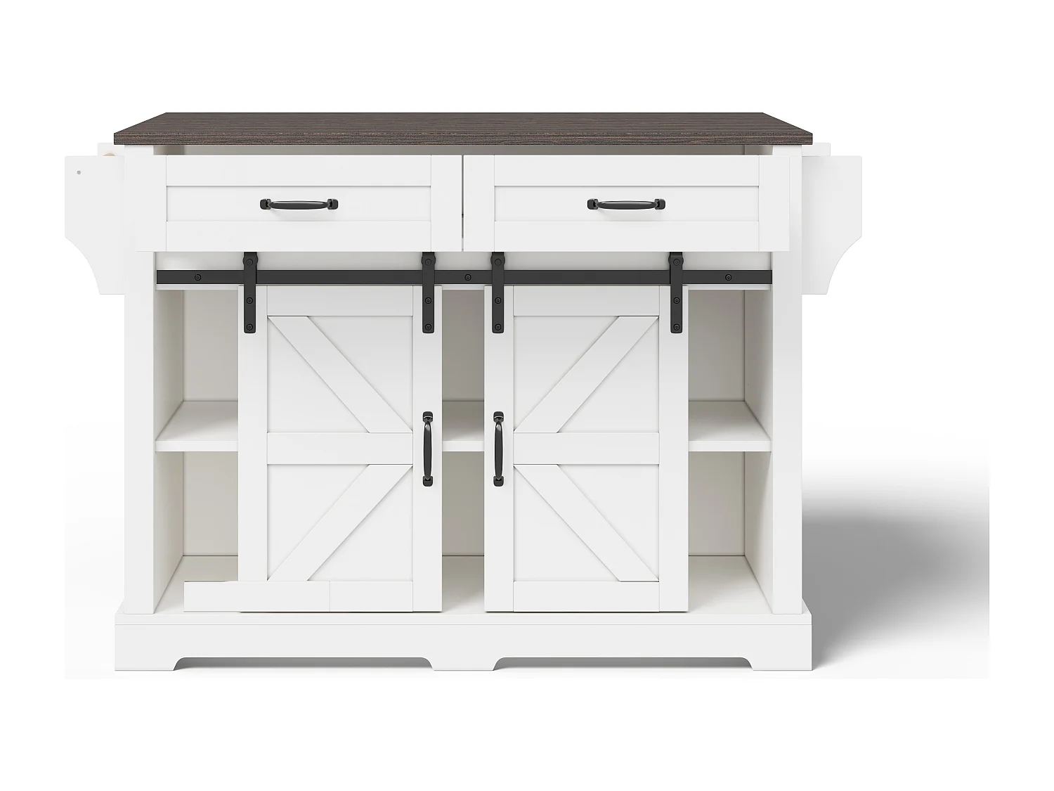 Îlot central sur roulettes 120 × 45 (70) cm blanc avec 2 portes coulissantes et 2 tiroirs