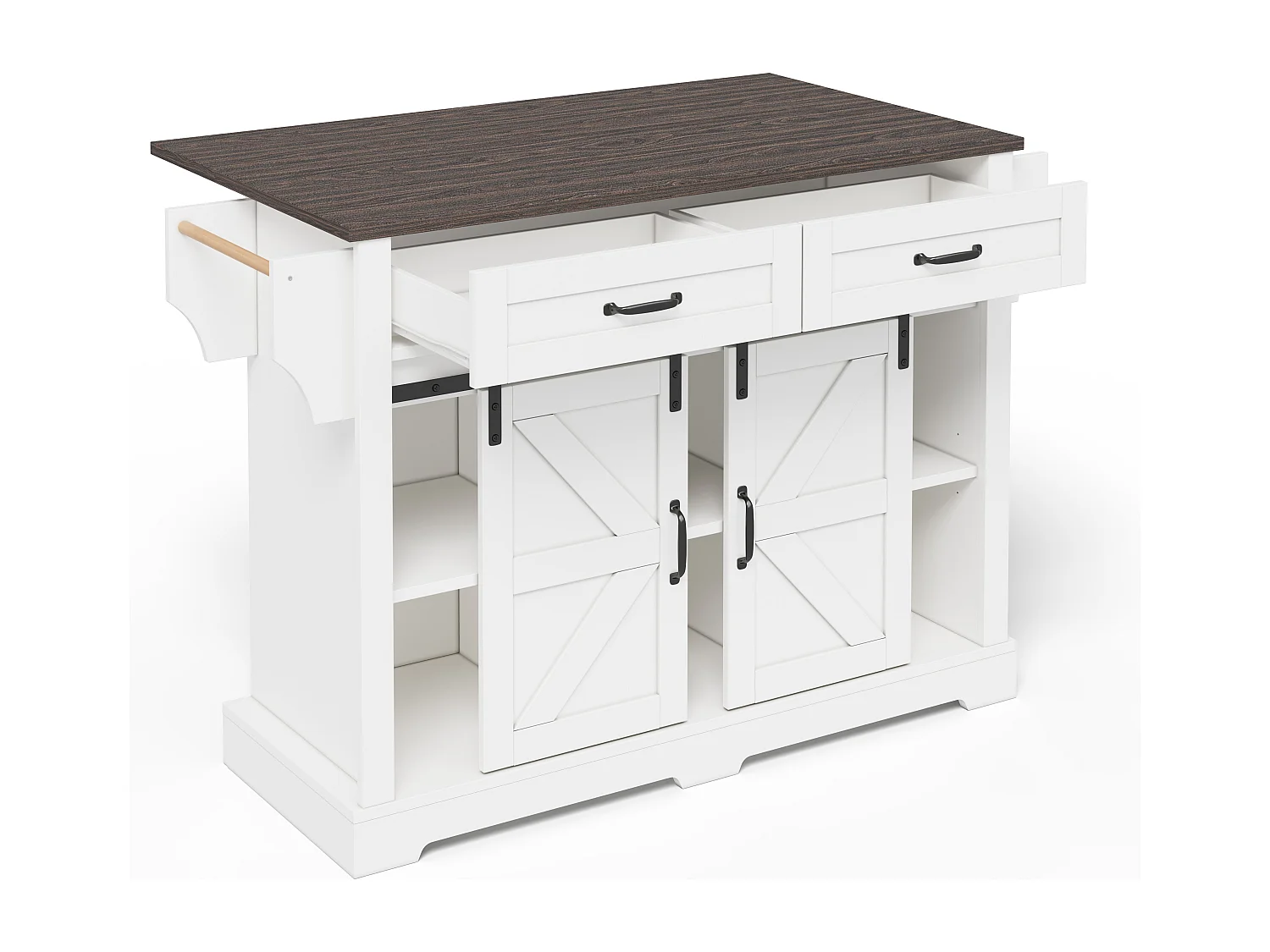 Îlot central sur roulettes 120 × 45 (70) cm blanc avec 2 portes coulissantes et 2 tiroirs