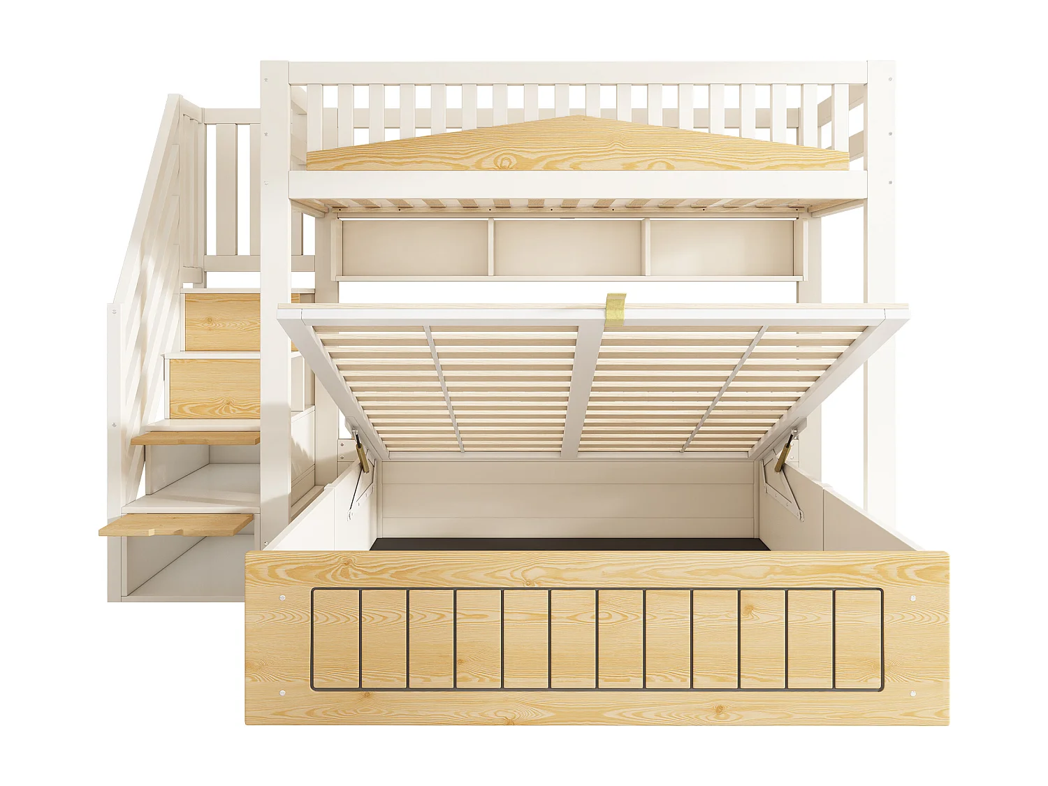 Stapelbed 90x200 en 140x200 cm met opbergruimte en USB/Type-C-poorten - Wit en hout