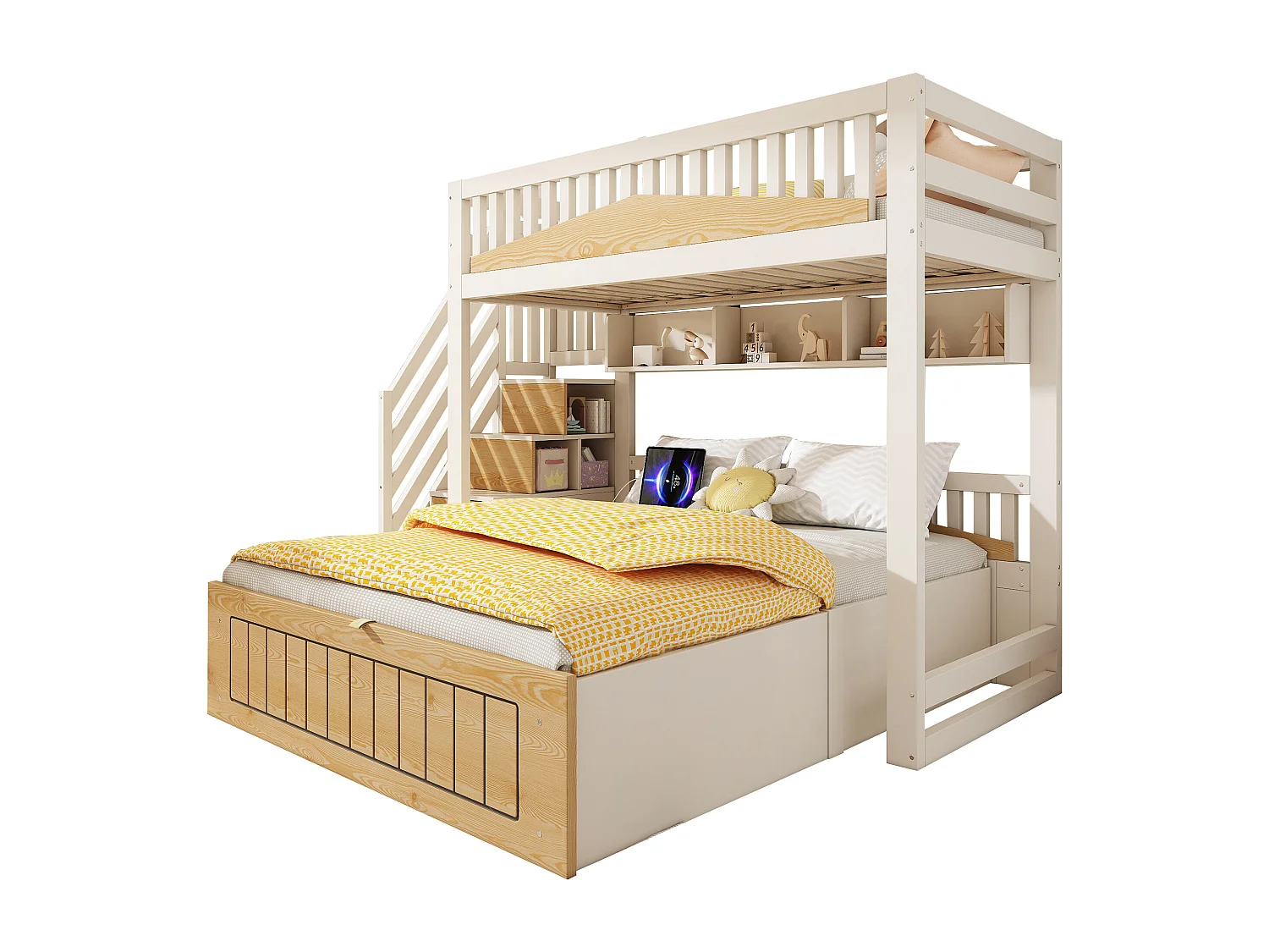 Stapelbed 90x200 en 140x200 cm met opbergruimte en USB/Type-C-poorten - Wit en hout