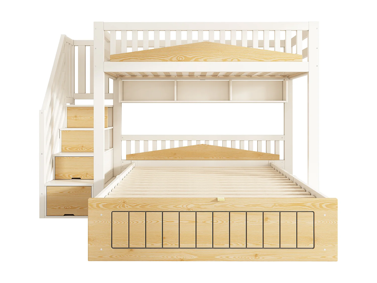 Stapelbed 90x200 en 140x200 cm met opbergruimte en USB/Type-C-poorten - Wit en hout