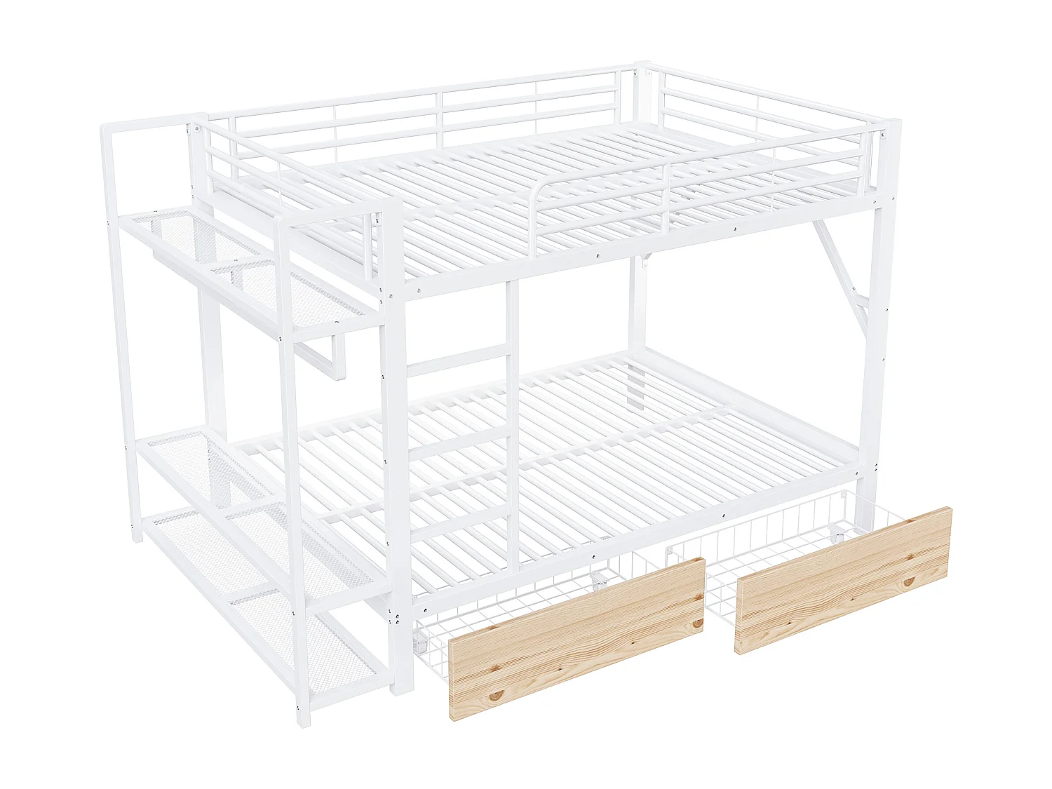 Lit superposé 140 x 200 cm avec 2 tiroirs, LED et penderie - Structure en fer blanc