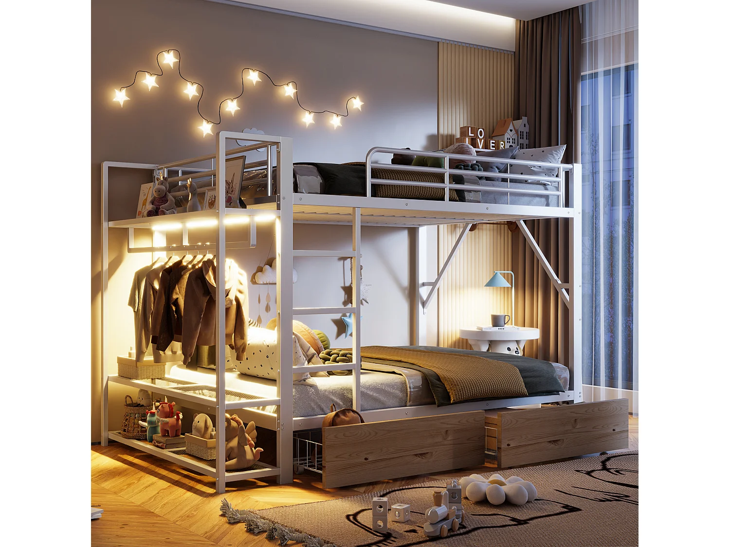 Lit superposé 140 x 200 cm avec 2 tiroirs, LED et penderie - Structure en fer blanc