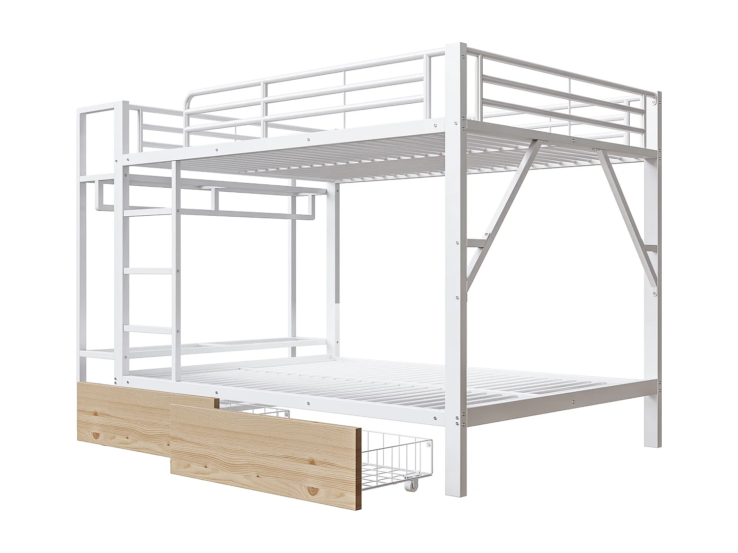 Lit superposé 140 x 200 cm avec 2 tiroirs, LED et penderie - Structure en fer blanc