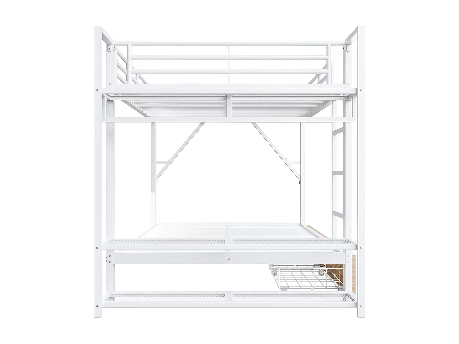 Lit superposé 140 x 200 cm avec 2 tiroirs, LED et penderie - Structure en fer blanc