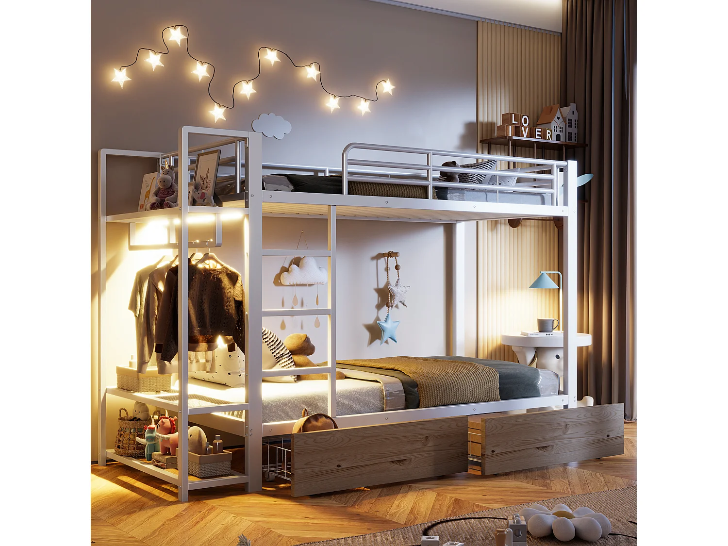 Lit superposé enfant 90 x 200 cm avec 2 tiroirs, LED et penderie - Structure en fer blanc