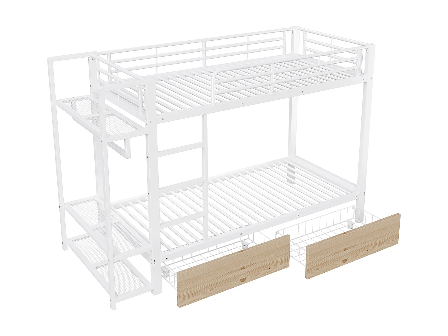 Lit superposé enfant 90 x 200 cm avec 2 tiroirs, LED et penderie - Structure en fer blanc