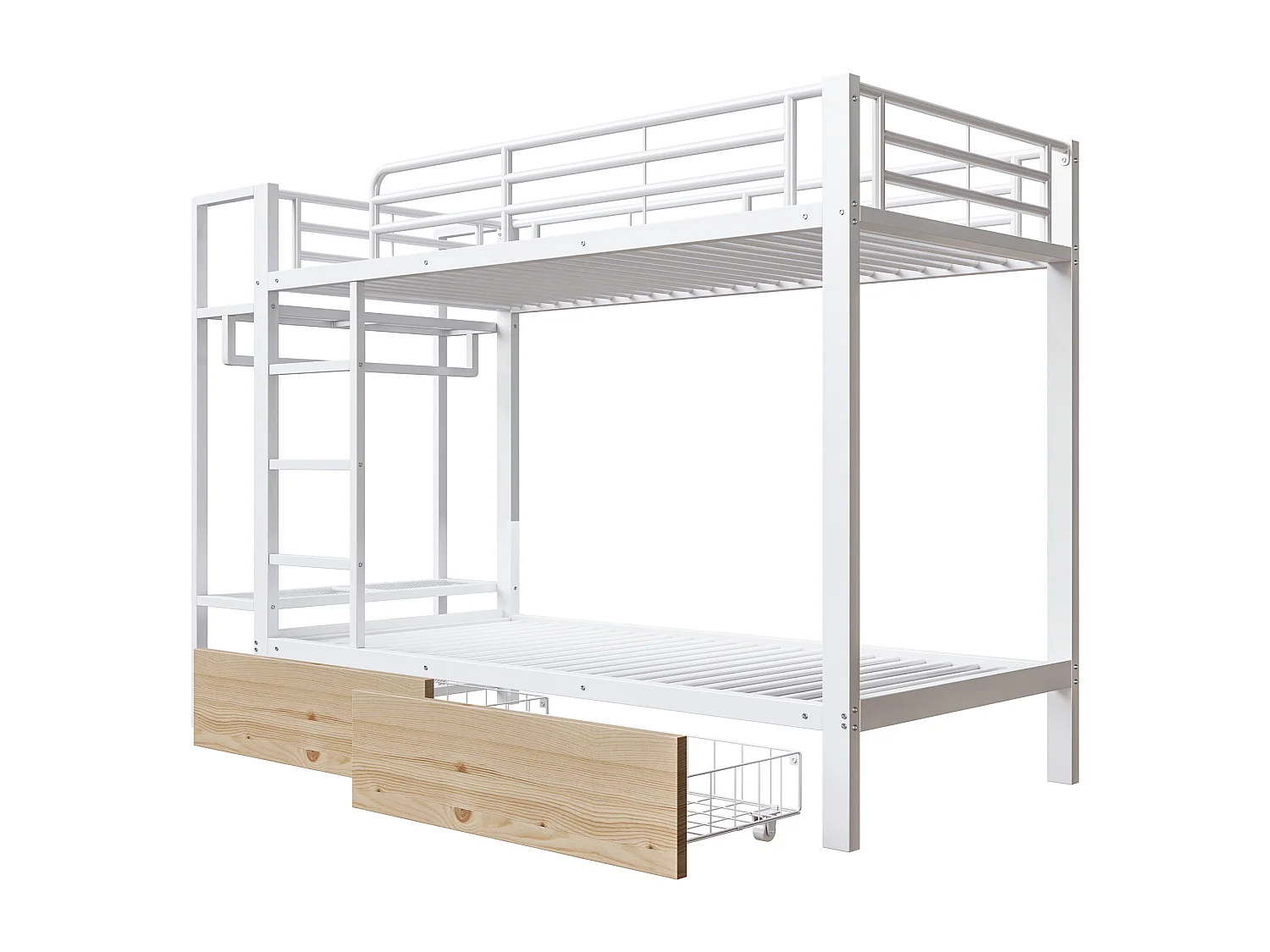 Lit superposé enfant 90 x 200 cm avec 2 tiroirs, LED et penderie - Structure en fer blanc