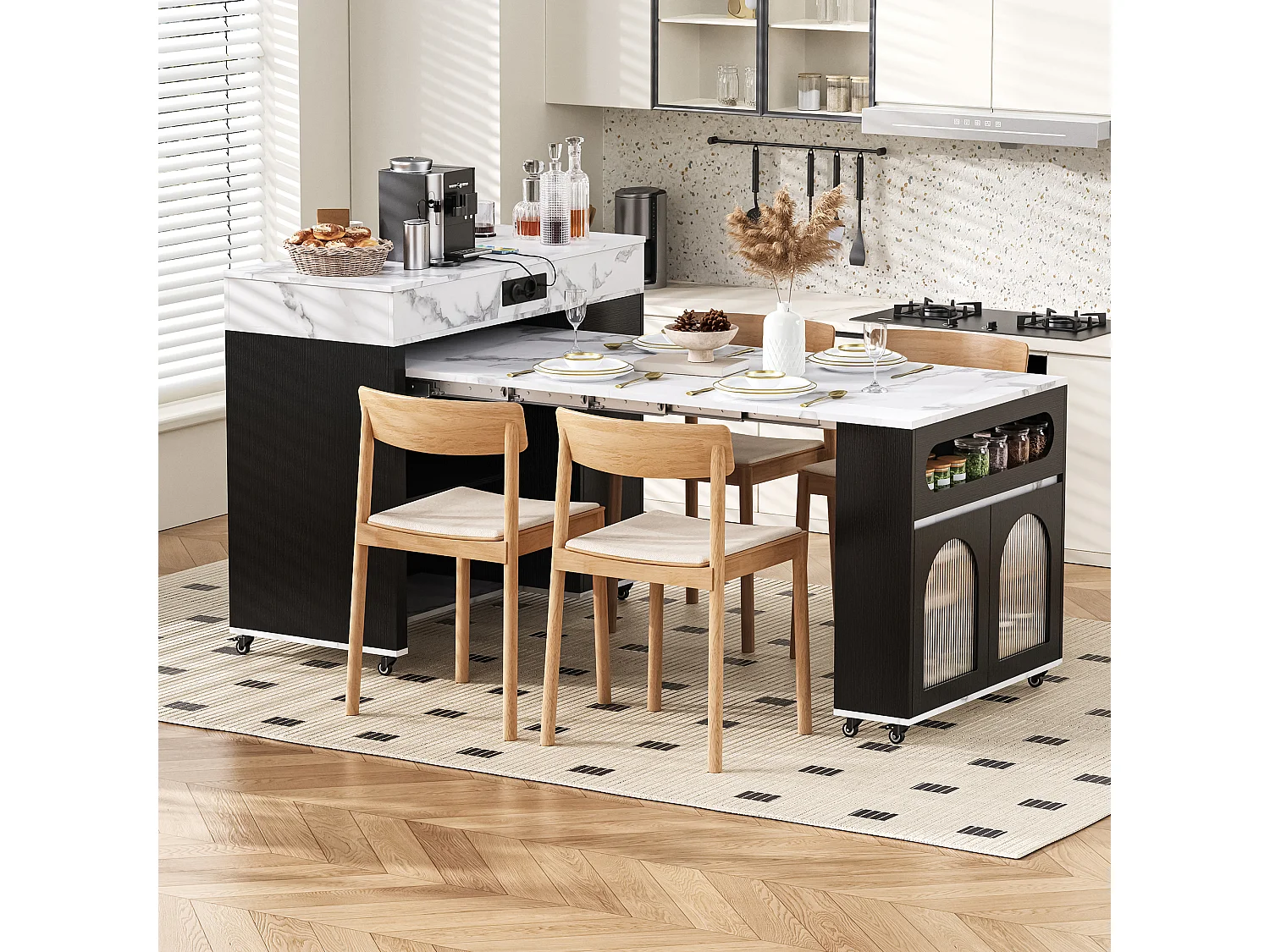 Desserte de cuisine noir avec prises et portes vitrées - Plateau effet marbre