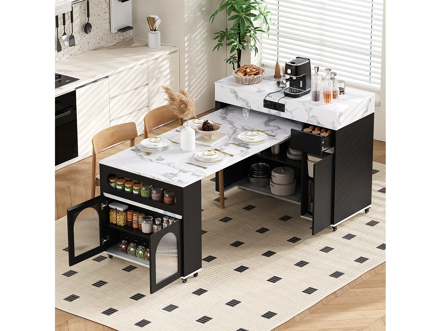 Desserte de cuisine noir avec prises et portes vitrées - Plateau effet marbre